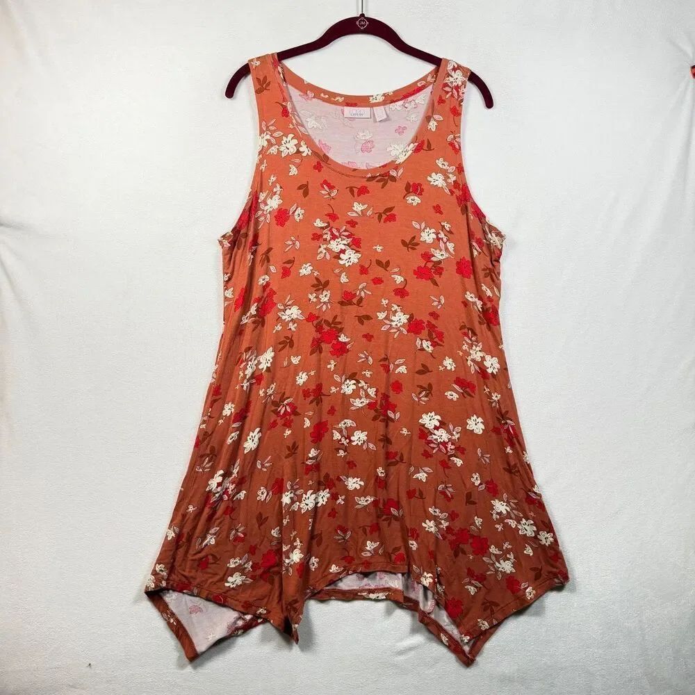 Logo Layers Floral Tank Tunic Dress Large Orange Handkerchief Hem Sleeveless